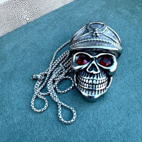 Men's Bold Skull Pendant Necklace with Red Eyes - 24" Stainless Steel Chain - Picture 3 of 17
